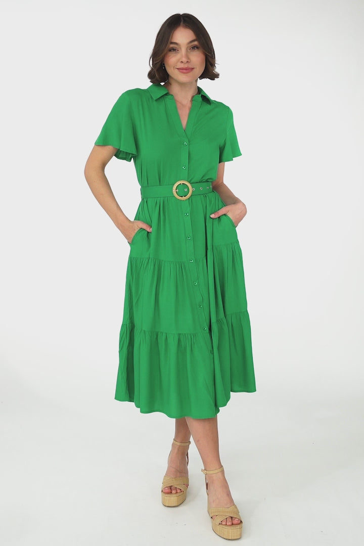 Belle Midi Dress - Button Down Collared Dress With Statement Belt In Green