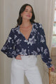 Moree Blouse - Frill Collar Neck Tie Button Down Shirt in Midnight Lily Print