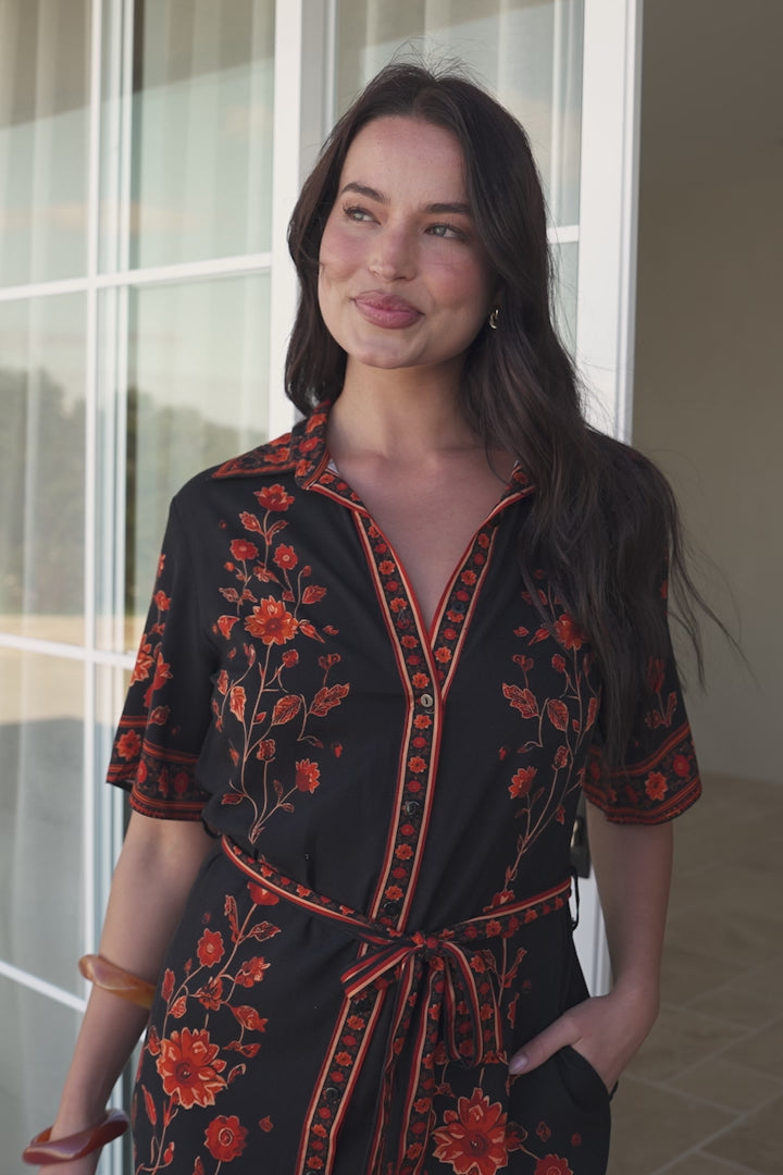 Kally Mini Dress - Collared Shirt Dress with Matching Waist Tie in Alexys Print