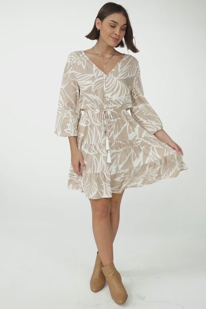 Lara Mini Dress - V Neck Long Sleeve Dress in Beige Jeani Print