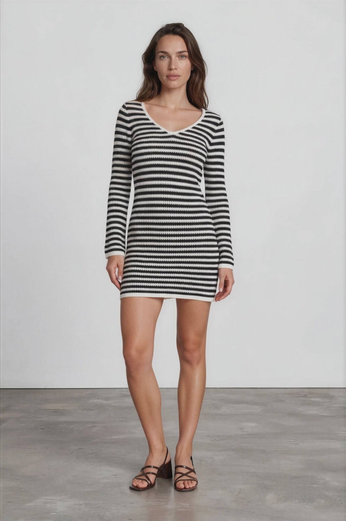 Marza Mini Dress - Long Sleeve Knit Dress with Open Back Detail with Tie Closure in Black/White