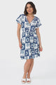 Lorena Mini Dress - V Neck Pull Tie Waist Mini Dress in Layah Print Blue