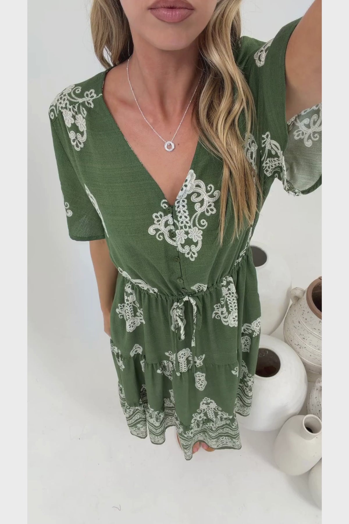 Soraya Midi Dress - V Neck Front Button A Line Dress with Adjustable Waist Tie in Azzurra Print Green