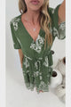 Soraya Midi Dress - V Neck Front Button A Line Dress with Adjustable Waist Tie in Azzurra Print Green