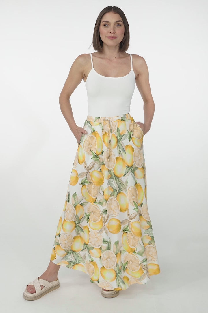 Alice Maxi Skirt - High Waisted Scoop Hemline Skirt with Pockets in Sicily Print