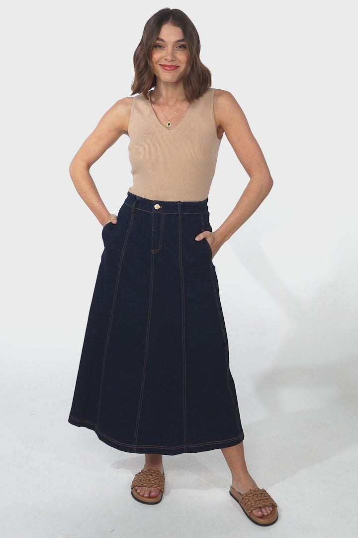 Delta Denim Midi Skirt - A Line Skirt with Contrast Stitching in Raw Denim