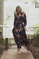 Arlete Maxi Dress - Drawstring Waist Shirt Dress with 3/4 Sleeves in Mirjana Print Navy