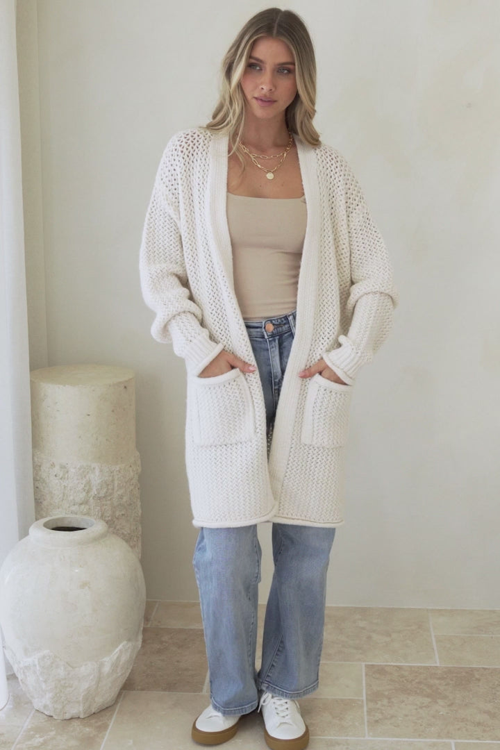 Haven Cardigan - Open Front Long Knit Cardigan with Pockets in Cream