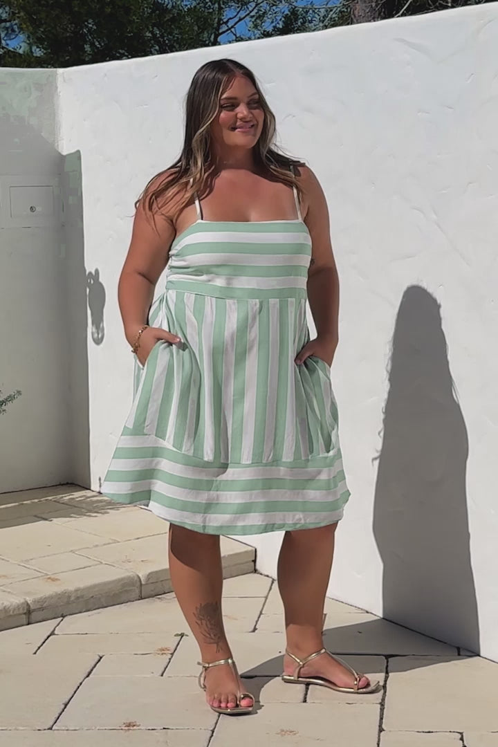 Sennia Mini Dress - Adjustable Spaghetti Strap Sun Dress in Gaubi Print Green