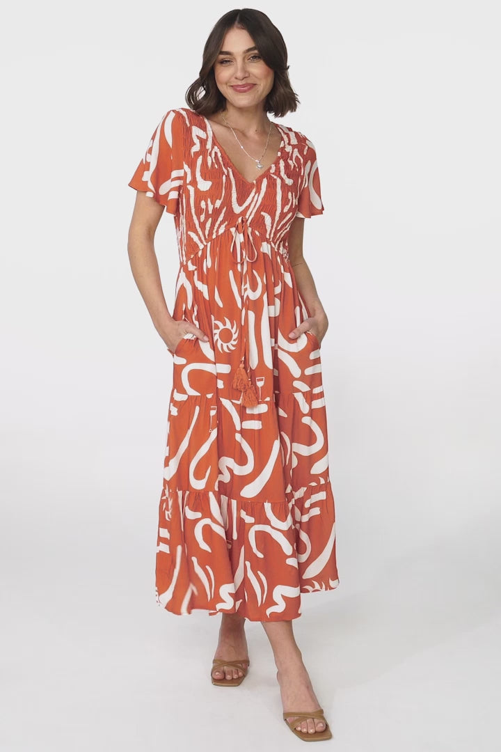 Amaya Midi Dress - Shirred Cap Sleeve A Line Dress in Daley Print Rust