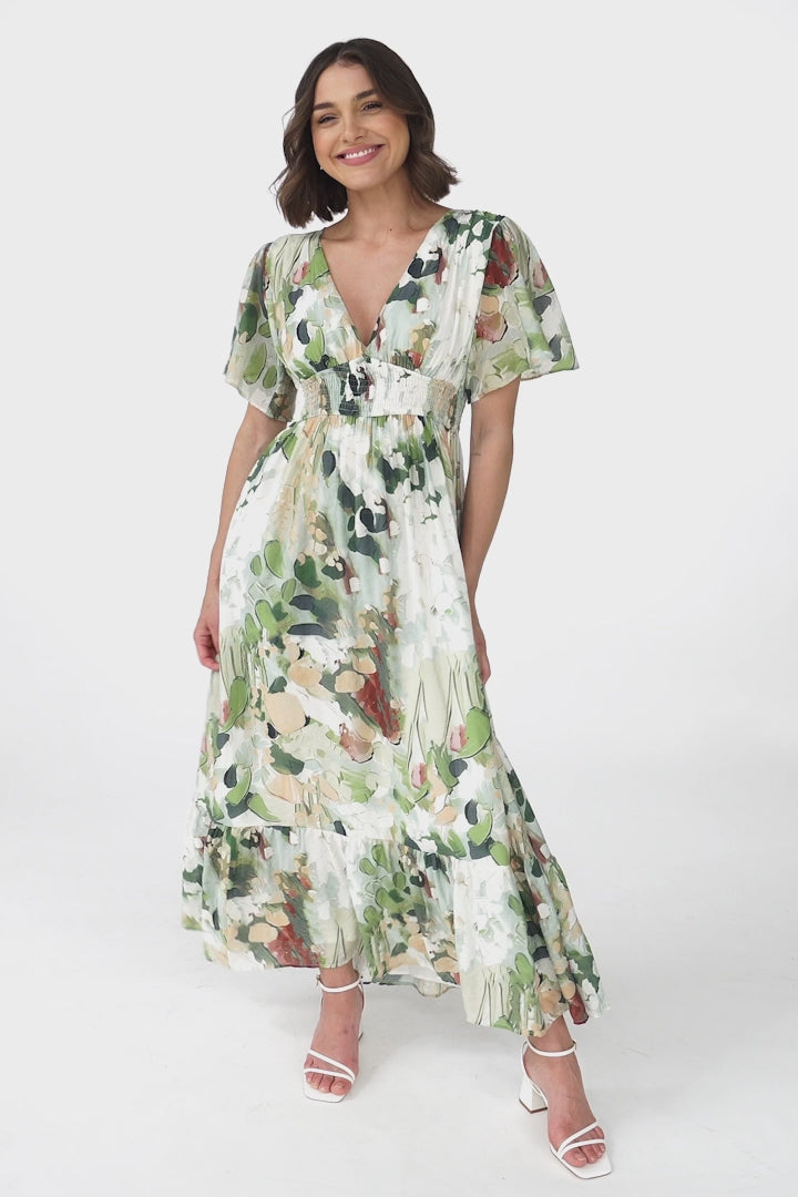 Glades Maxi Dress - V Neck Shirred Waist A Line Dress in Kamara Print Green