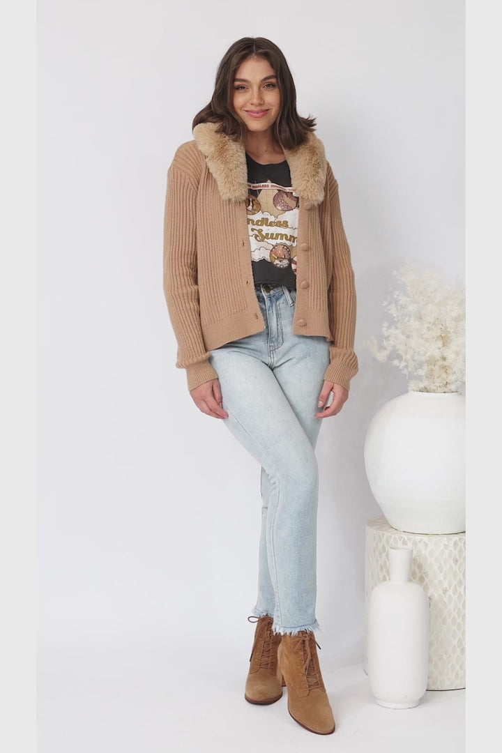 Braiden Cardigan - Detachable Faux Fur Collar Ribbed Cardigan in Camel