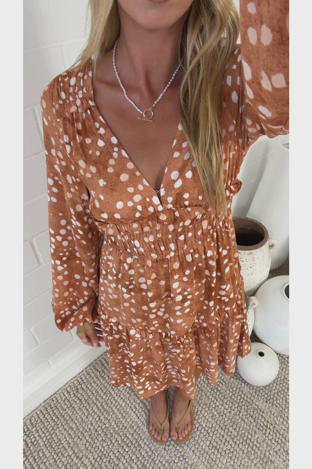 Arcadia Mini Dress - V-Neck Ruffle Splicing Long Sleeve Dress in Lilwen Print
