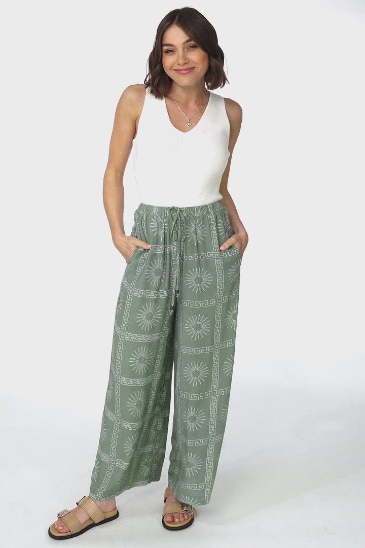 Mahina Pants - High Waisted Straight Leg Pants Astra Print in Green