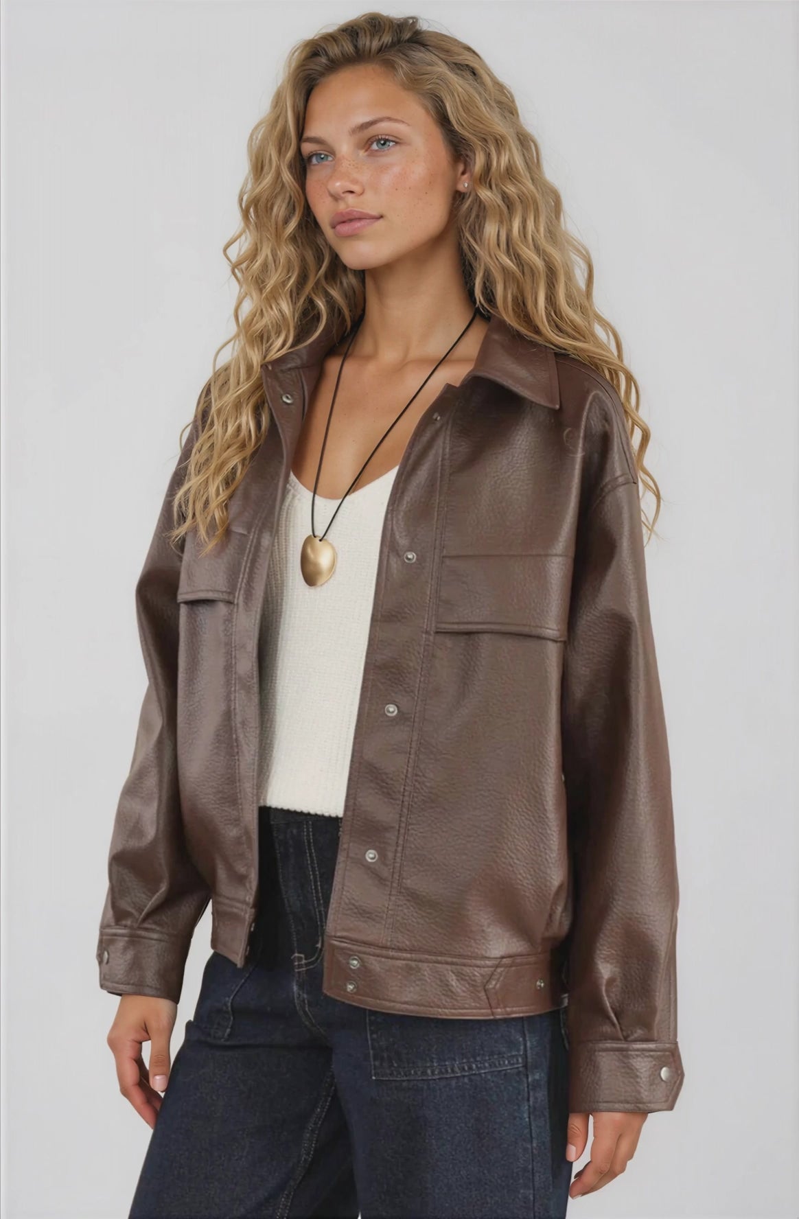 Caleb Jacket - PU Leather Relaxed Utility Jacket in Chocolate