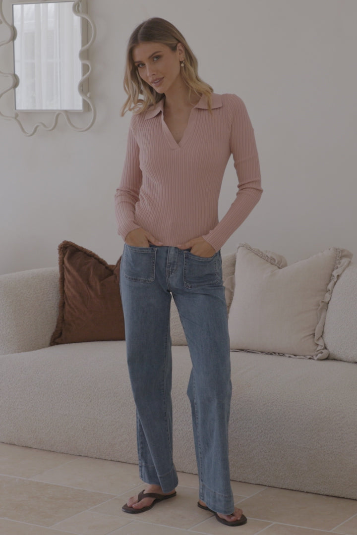 Andee Knit Top - Wing Collar V-Neck Ribbed Long Sleeve Top in Blush