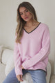 Edan Jumper - V-Neck Contrast Trim Step Hem Jumper in Pink