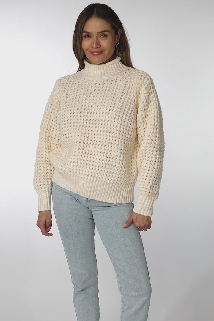 Dexter Jumper - Turtle Neck Waffle Knit Jumper in Cream