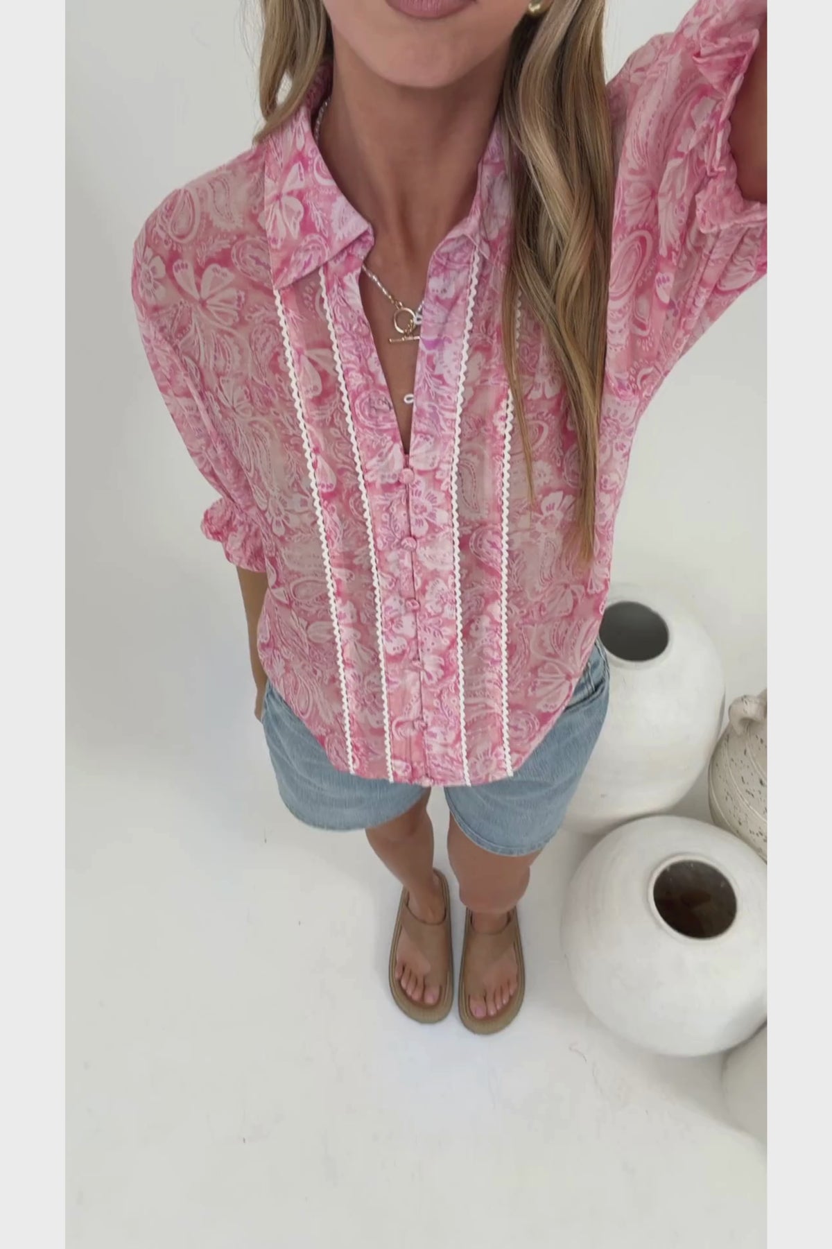 Lottie Blouse - Collared Button Down with Lace Trims and Puff Sleeves in Rosewater Dreams Print