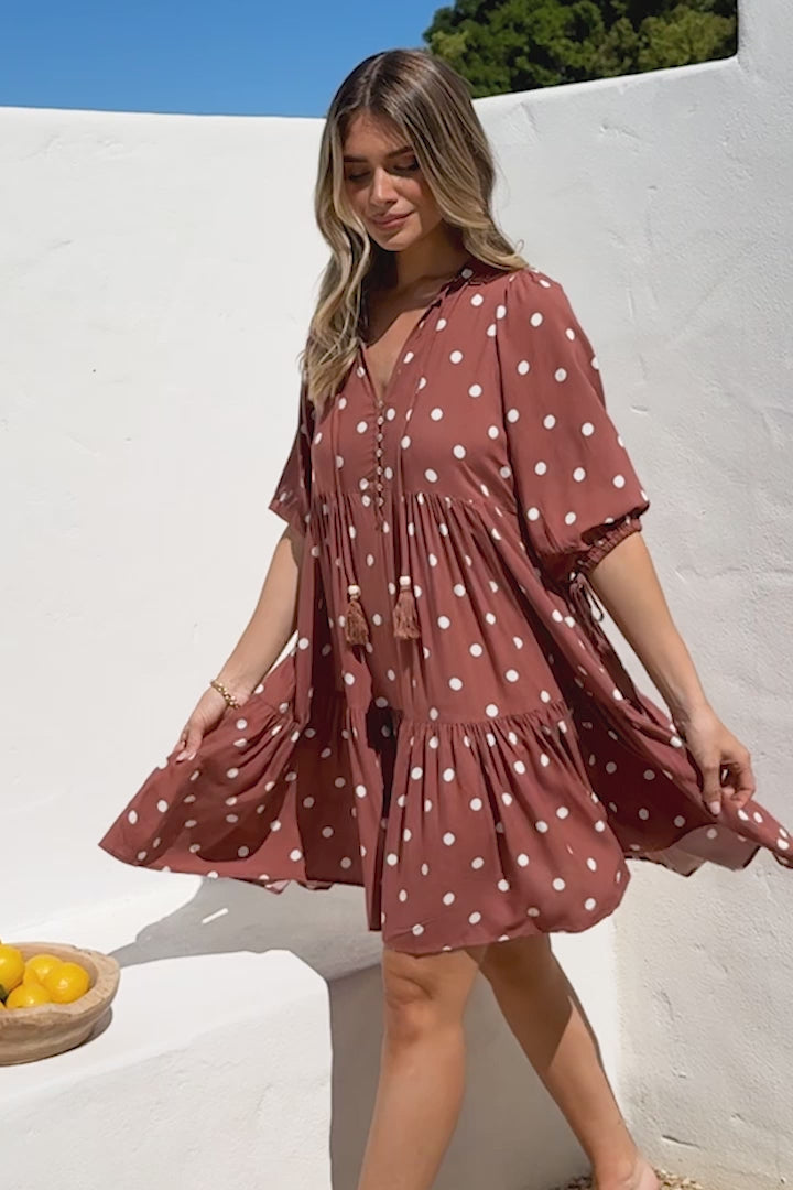 Marah Mini Dress - Mandarin Collar Short Sleeve with Tie Smock Dress in Parisian Polka Rust