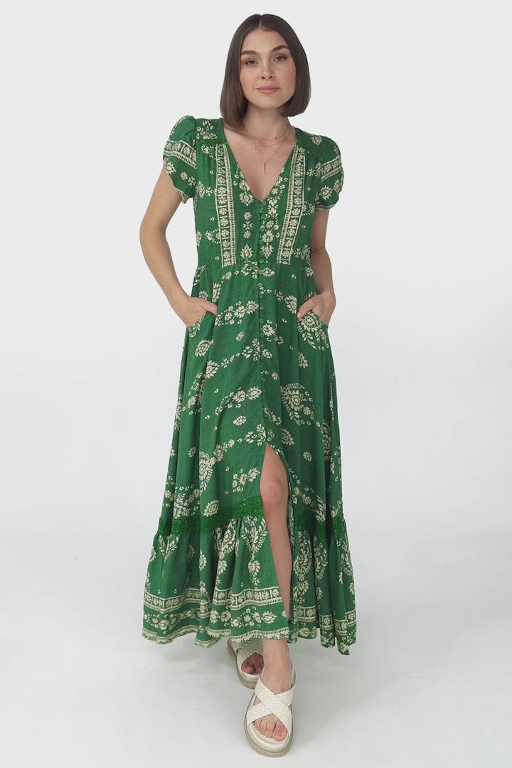 JAASE - Carmen Maxi Dress: Butterfly Cap Sleeve Button Down A Line Dress with Lace Trim in Kiva