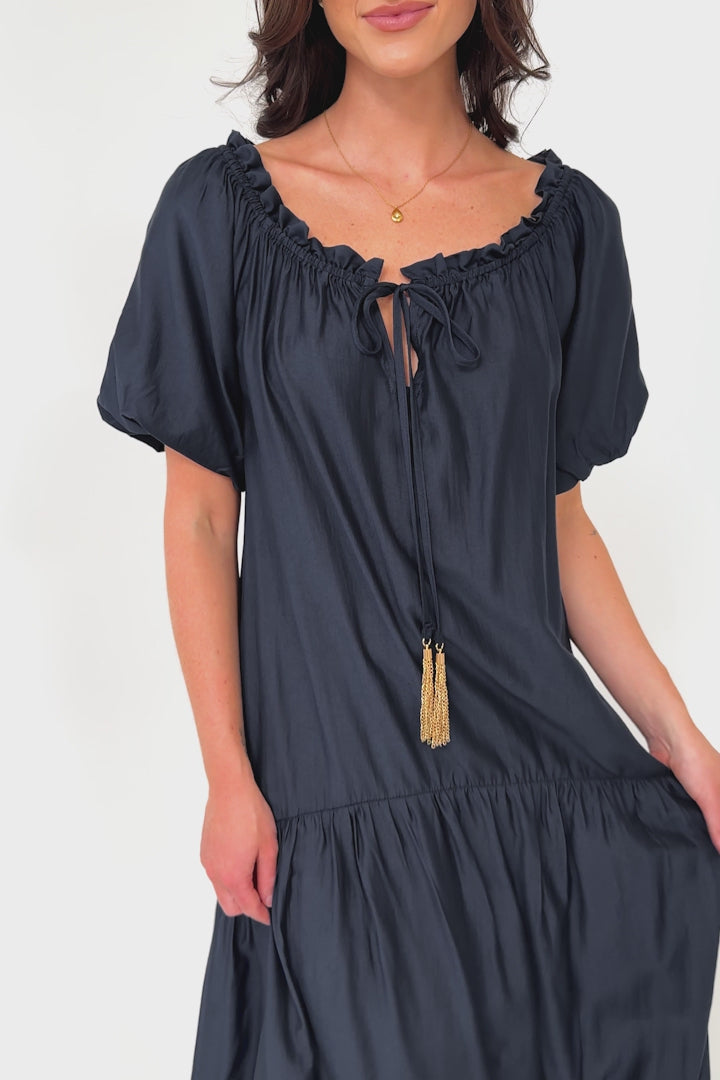 Cristina Maxi Dress - On or Off Shoulder Tiered Shift Dress with Neck Tie Detail in Navy