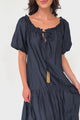 Cristina Maxi Dress - On or Off Shoulder Tiered Shift Dress with Neck Tie Detail in Navy