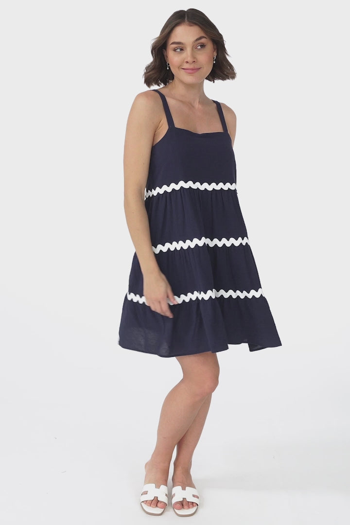 Fabie Mini Dress - Thick Strap Rick Rack Splicing Cotton Sun Dress in Navy