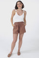 Mylo Shorts - Elasticated High Waist Linen/Cotton Blend Shorts in Brown