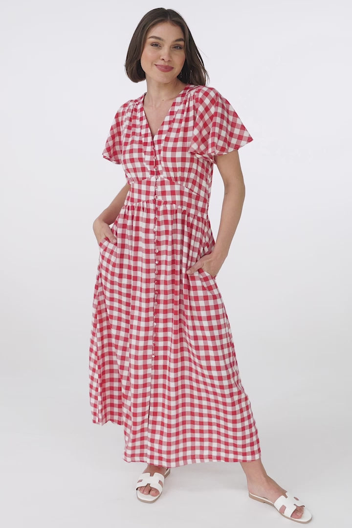 Hani Maxi Dress - Button Down A-Line Dress with Cap Flutter Sleeves in Wila Print Red