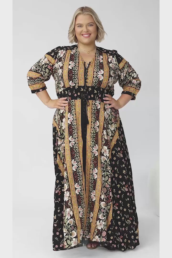 JAASE - Indiana Maxi Dress: Lace Back Shirred Waist A Line Dress with Handkercheif Hemline in Eternity Print