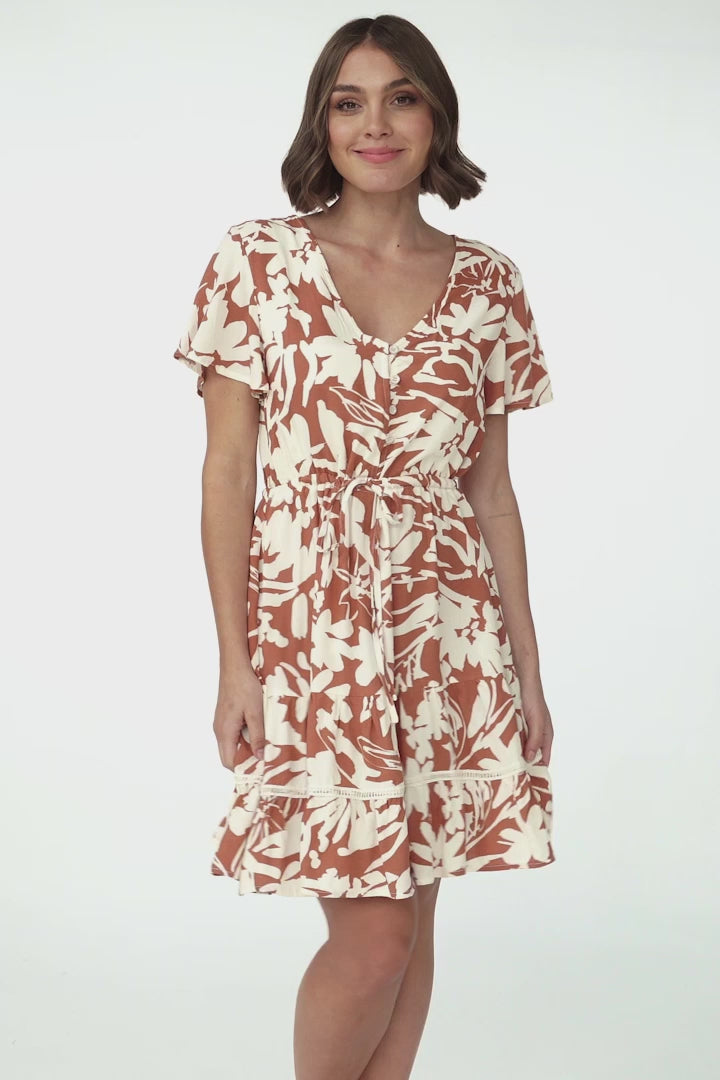 Charis Mini Dress - Pull Tie Waist A Line Dress with Crochet Splicing in Rust
