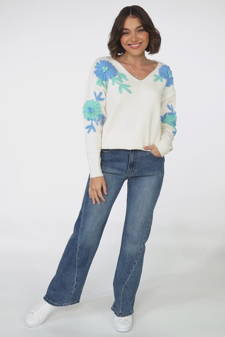 Soraya Jumper - Embroidered Flower Detail V Neck Jumper in Cream