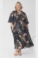 JAASE - Briana Midi Dress: Frill Collar Oversized Buttoned Dress with Waist Tie and Frill Splicing in Indigo Print