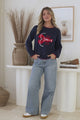 Maine Jumper - Contrast Stitch Crew Neck Knit with Embroidered Lobster Motif in Navy