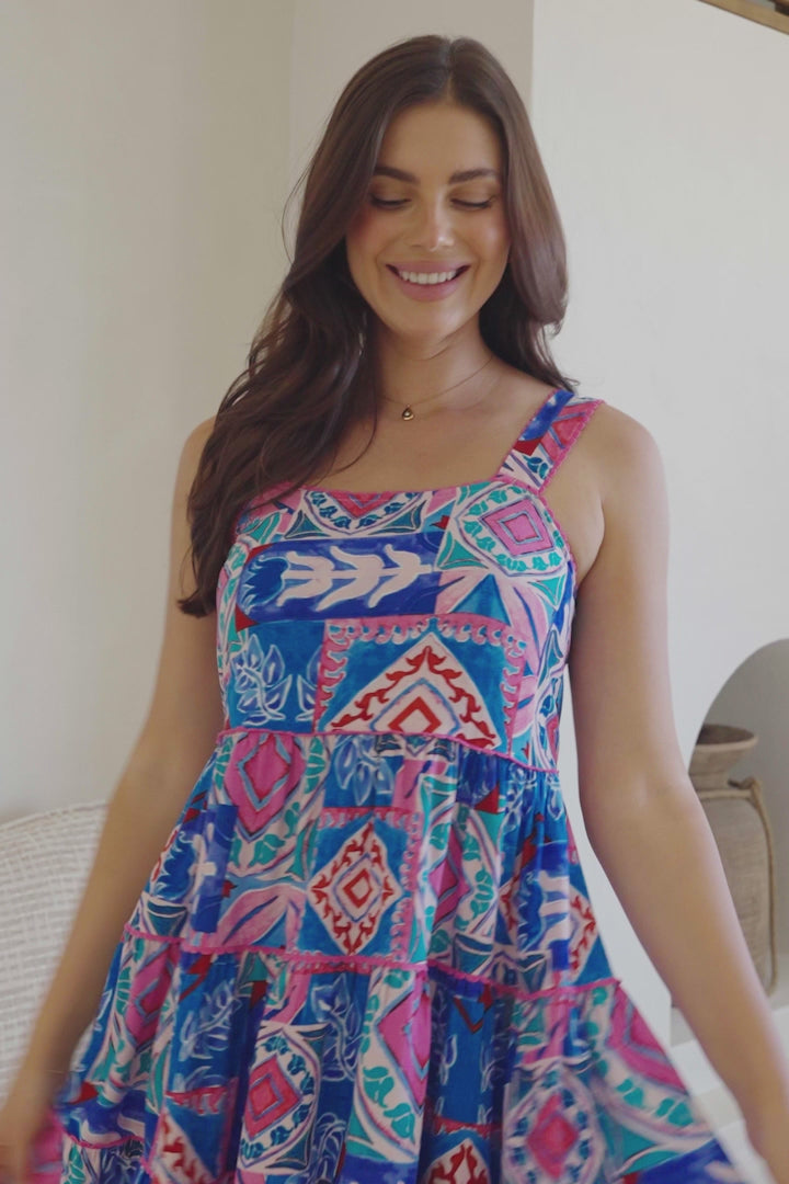 Bronte Mini Dress - Scallop Trim Tiered Sun Dress in Nelly Print
