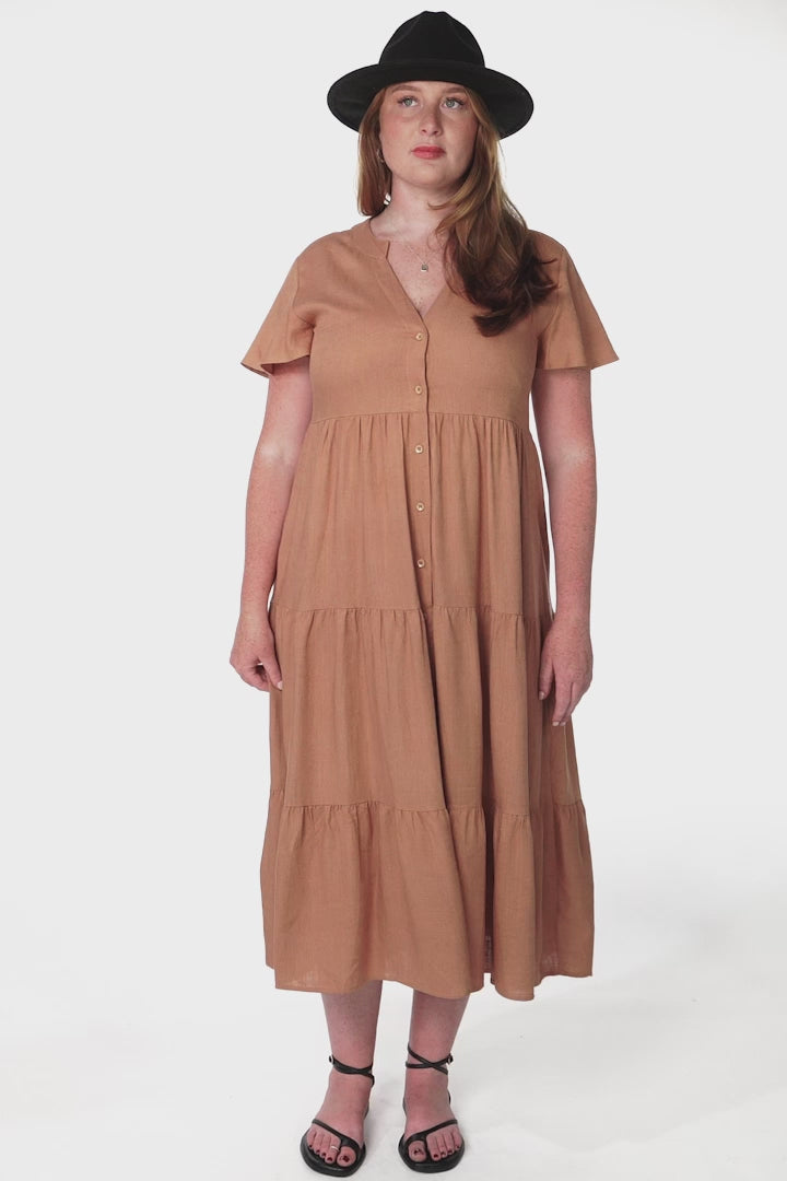 Milla Midi Dress - Tiered Cap Sleeve Button Down Linen Dress in Tan