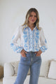 Hailie Shirt - Wing Collar Button Down with Long Balloon Sleeves in Sweeney Print Blue