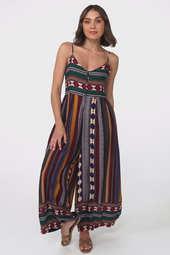 JAASE - Aztec Print Jumpsuit: Adjustable Strap Wide Leg Jumpsuit