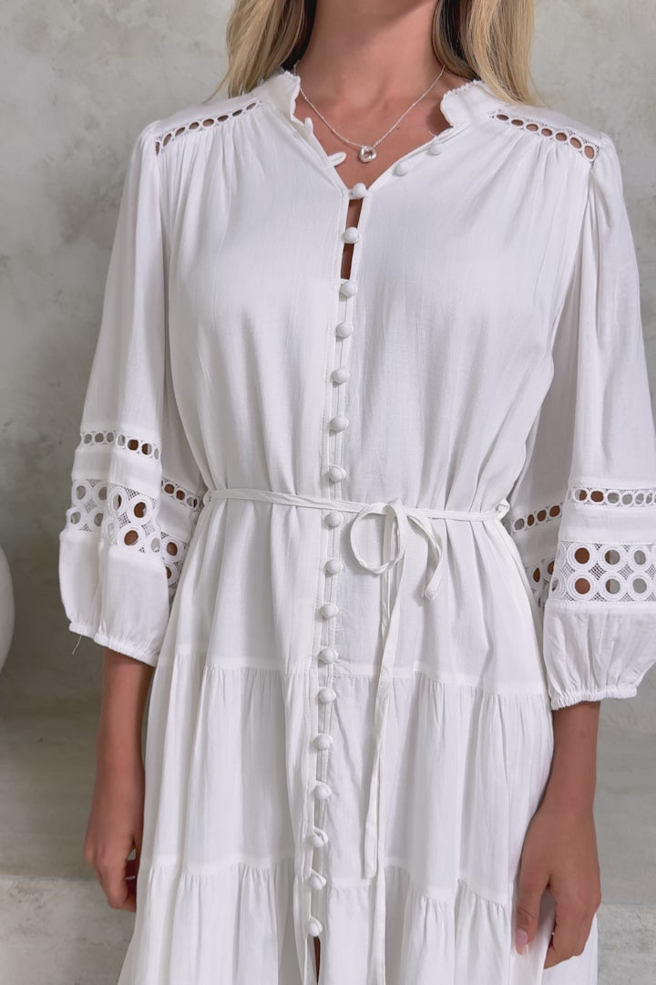 Alyce Mini Dress - Button Down Dress with Cut Out Detailed Sleeves and Matching Belt in White