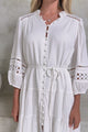 Alyce Mini Dress - Button Down Dress with Cut Out Detailed Sleeves and Matching Belt in White