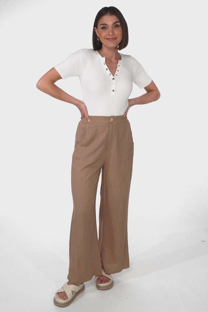 Devira Linen Pants - High Waisted Wide Leg Pant in Tan