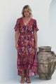 London Maxi Dress - Elasticated Waist Button Detail High Low Dress with Flutter Cap Sleeves in Floral Print