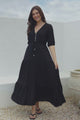 Rachel Maxi Dress - V-Neck 3/4 Sleeve Pull Tie Waist Tiered Dress in Black