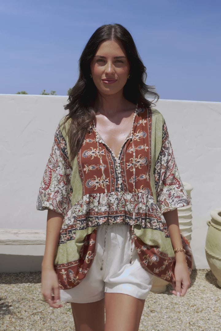 JAASE - Chloe Top: Very Oversized Crochet Trim Neckline Smock Top in Oakie Print