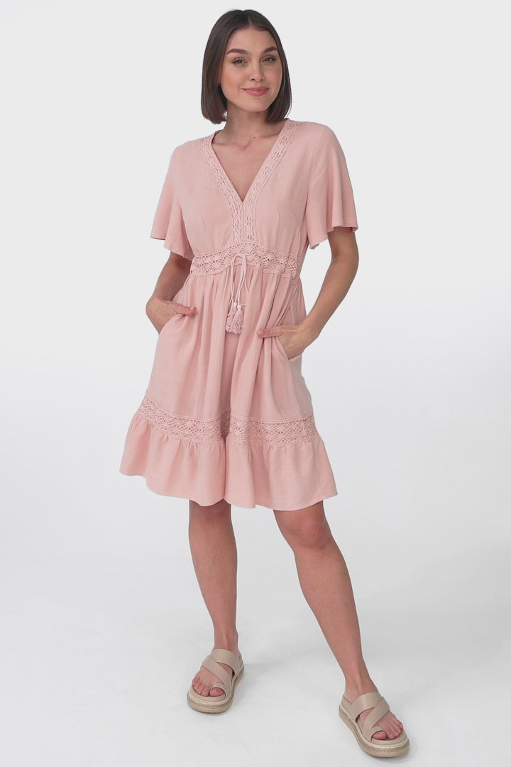 Kimmy Mini Dress - Lace Detailed Cape Sleeve Dress with Pull Tie Waist in Blush