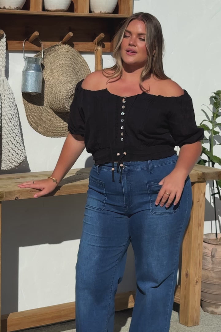 Nadiya Crop - Adjustable Neck and Hemline Crop with Pleating Details in Black