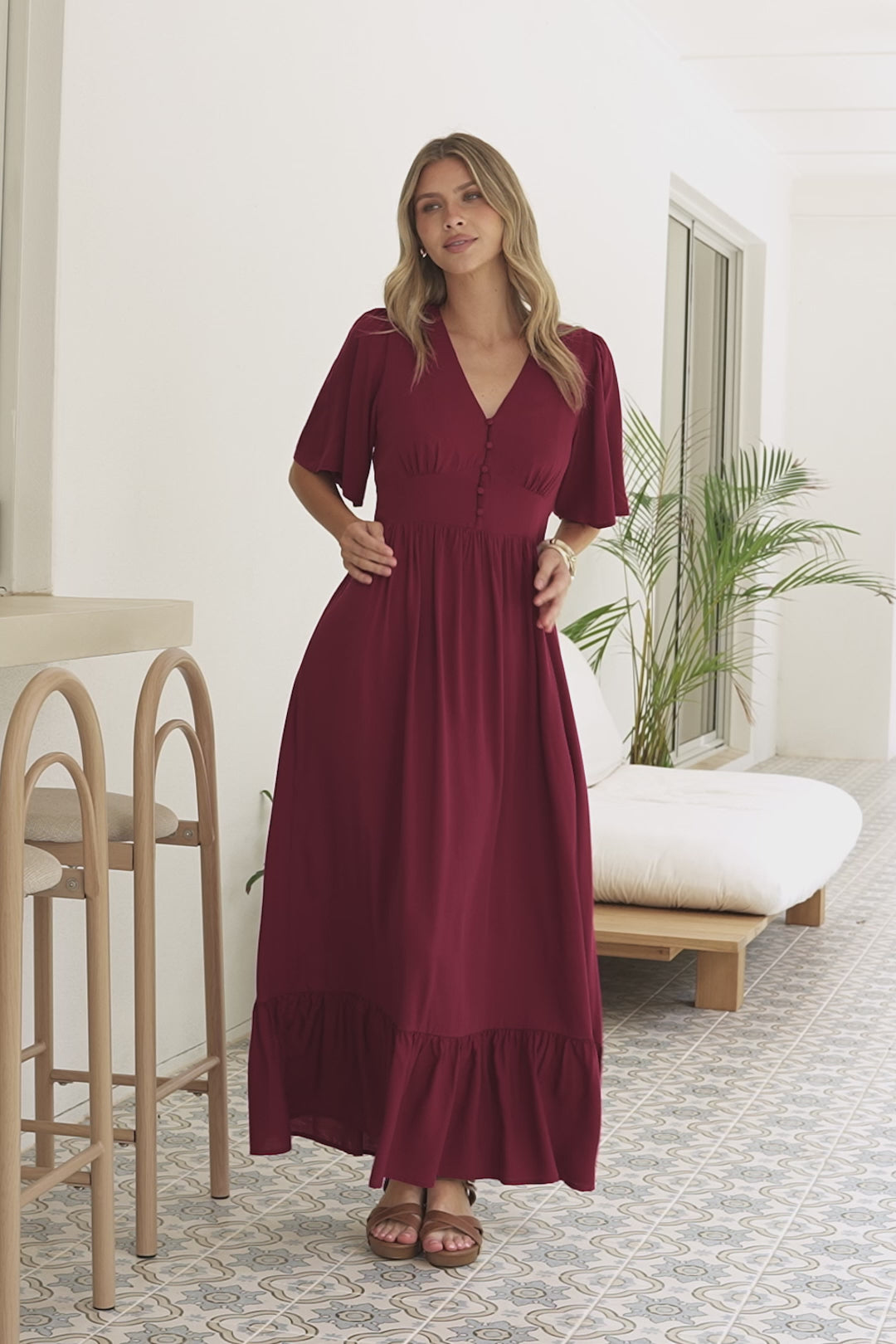 Winifred Maxi Dress - V Neck Button-Front A Line Dress with Flutter Sleeves in Wine