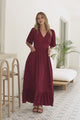 Winifred Maxi Dress - V Neck Button-Front A Line Dress with Flutter Sleeves in Wine