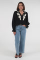 Lucian Blouse - Frill Neckline Pull Over Floral Decal Blouse in Black